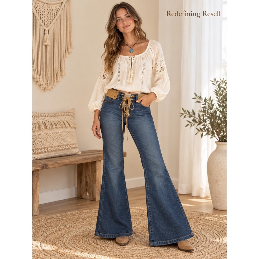 Angels So Sweet Y2K Flare Jeans Blue Denim Lace Up Faux Suede Belt Bell Bottoms